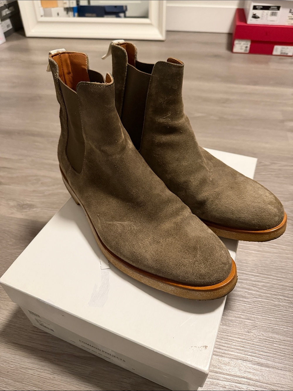 Common Projects Men's Suede Chelsea Boots in Olive Brown